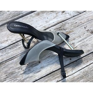 Lemonade 7.5 black and transparent toe area/black tip/gold heels